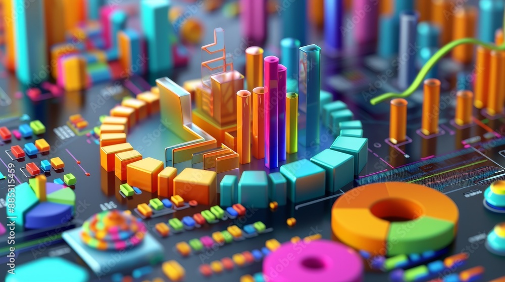 Poster a compelling 3d representation of the data mining process including colorful graphs algorithm charts