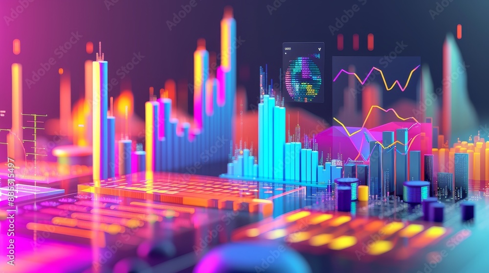 Poster a compelling 3d representation of the data mining process including colorful graphs algorithm charts