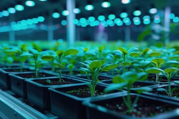 seedlings in greenhouse with neon lighting, growing plants using modern technologies