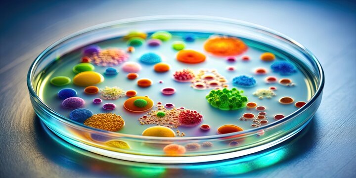 Multicolored microscopic bacteria multiplying and spreading in a petri dish , bacteria, microscopic