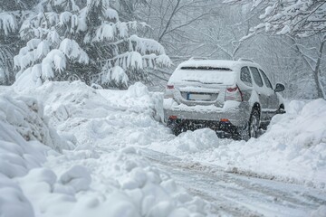 Side view Car stuck in snow on the road