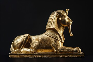 side view gold sphinx sculpture Isolated on black background