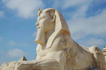Obraz premium side view sphinx sculpture on blue sky background