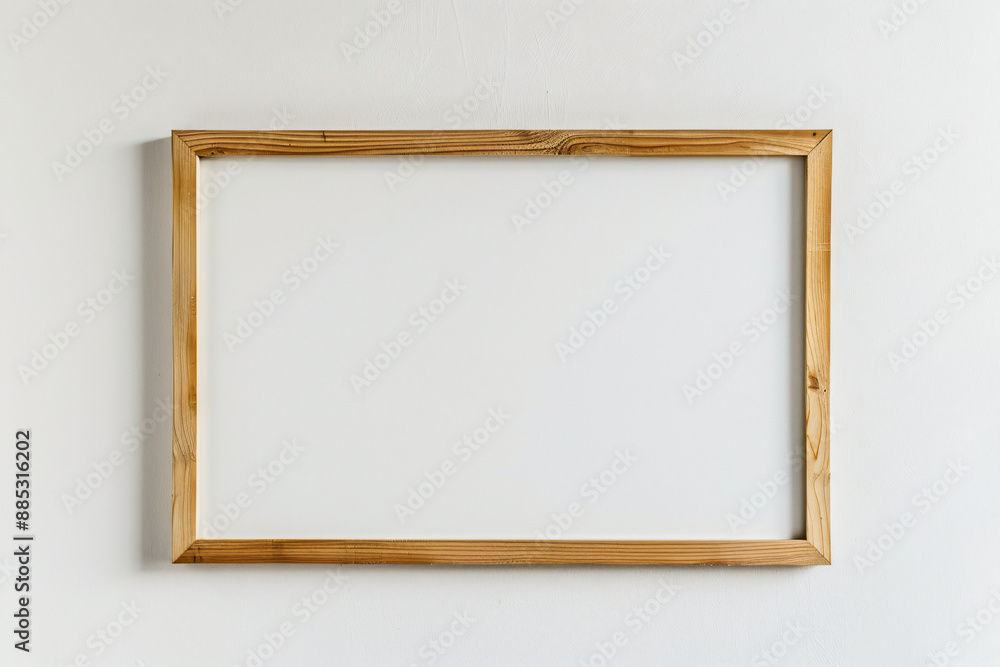 Poster a simple wooden frame mockup on a white background, an empty blank poster template with a thin light