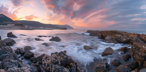Fototapeta premium Coastal Sunset with Silky Water and Rocky Shoreline