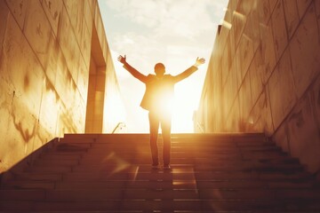 Silhouette of business person celebrating raising arms on the top stairs with over sunlight concept of leadership