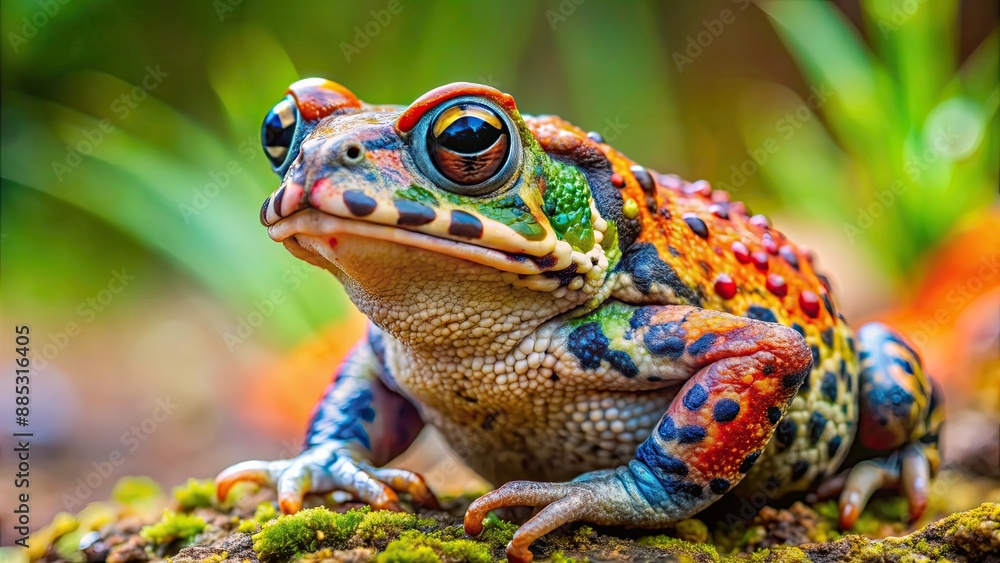 Poster Close-up of a colorful toad in its natural habitat, amphibian, wildlife, nature, animal, frog, close-up, colorful, vibrant