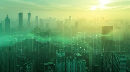 Cityscape with Green Financial Growth Charts.