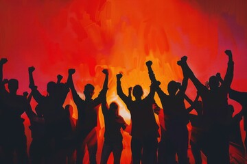 Silhouetted Men and Women Holding Fists in the Air, Representing Solidarity, Painting