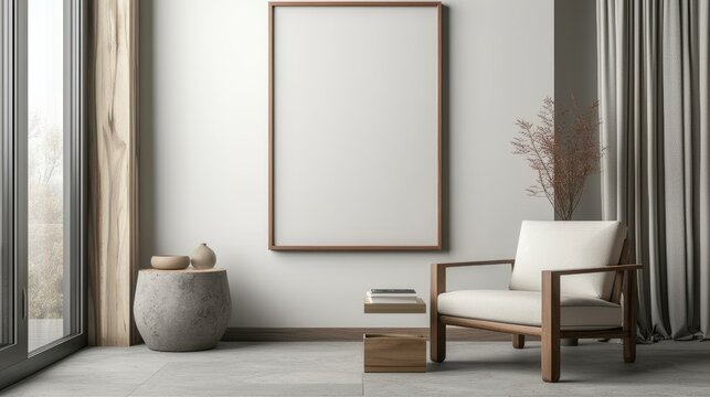 A contemporary movie poster in a wooden frame bringing elegance to a minimalistic room setting AI genrated illustration