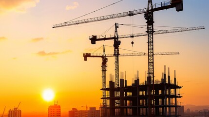 Naklejka premium Urban Development Progress Silhouette of High Rise Building Under Construction with Cranes in Background