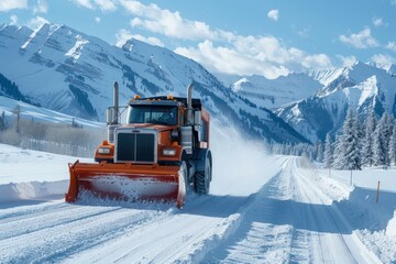 Powerful Snowplow Clearing Majestic Snowy Mountain Road on a Clear Winter Day