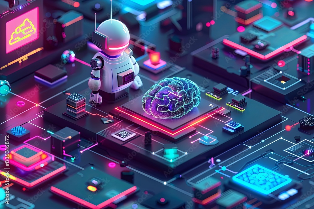 Poster a robot stands next to a digital brain on a circuit board, surrounded by glowing wires and other dig
