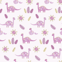 Seamless pattern with cute dinosaurs. Kawaii character. Flat vector illustration for children