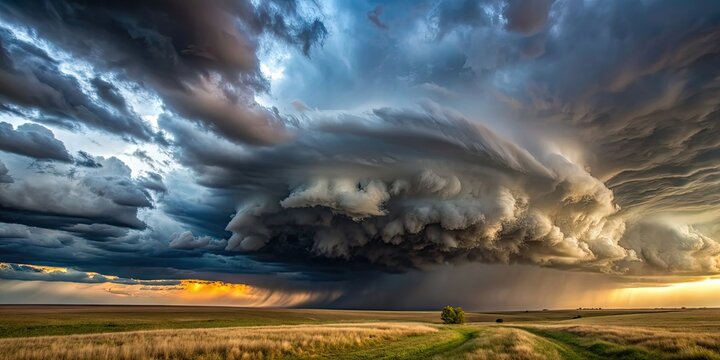 Dark and ominous storm clouds rolling in over a once bright and sunny landscape, apocalypse, disaster, downfall, crisis