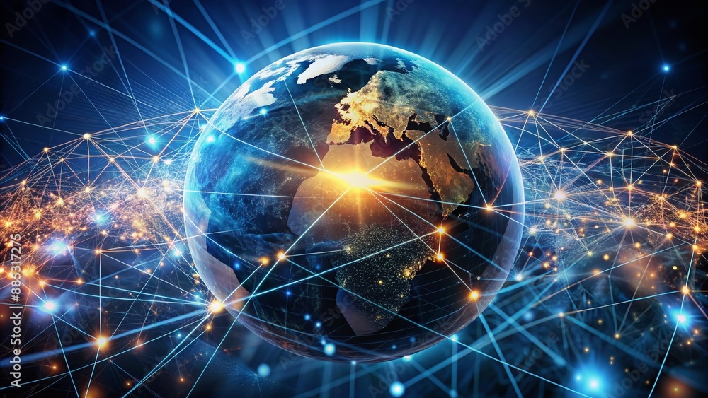 Poster a futuristic globe surrounded by glowing network lines and codes, symbolizing innovative digital mar