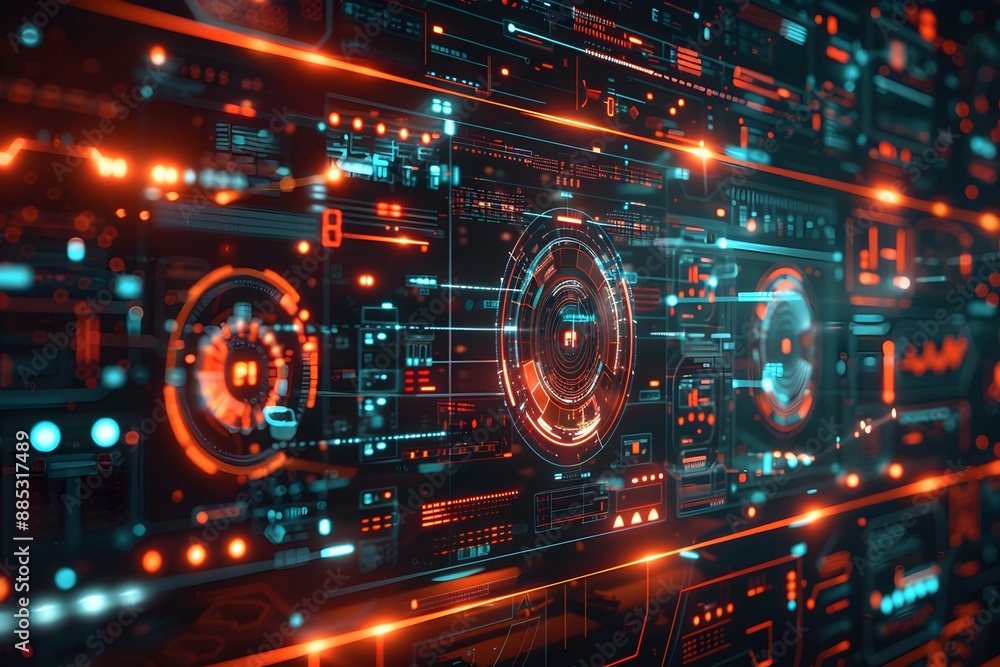 Poster futuristic digital interface with holographic displays and data visualizations