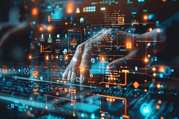 Hands Typing on Keyboard with Futuristic Digital Interface Overlay