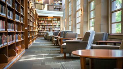Obraz premium Library Interior with Bookshelves and Chairs.