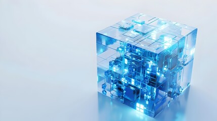 Glowing Transparent Futuristic Tech Cube with Dynamic Geometric Patterns