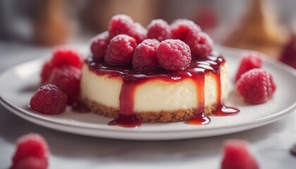 Sweet cakes concept. Cheesecake with raspberry jam on a light background