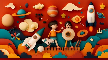 Playful Cosmic Adventure with Rocket Ship and Cartoon Astronaut Exploring Space