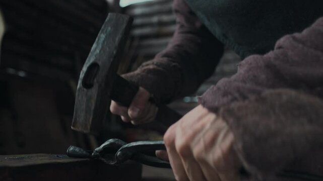 Close-up shot of hands of unrecognizable male blacksmith in brown jacket holding piece of hot metal with tongs and forging arrowhead with hammer on anvil, while making weapons in smithy