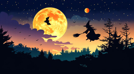 illustration art of halloween witch flies on a broomstick