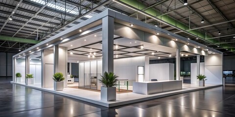 Sleek modern exhibition booth with minimalist design and strategic lighting showcases products in a large convention center with a bright open atmosphere.
