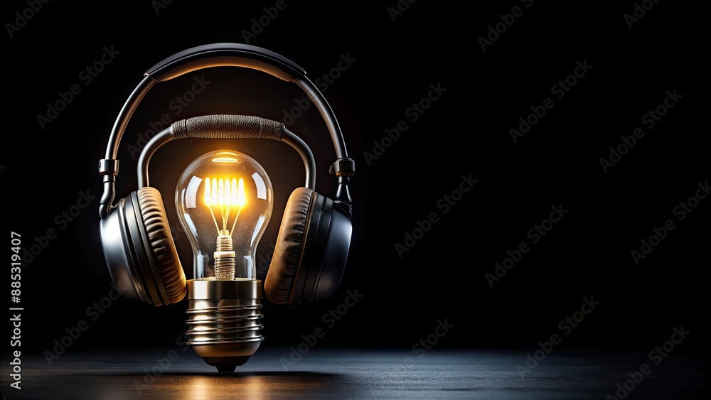 Poster Light bulb with headphones on black background, symbolizing the combination of technology and creativity , headphones, music