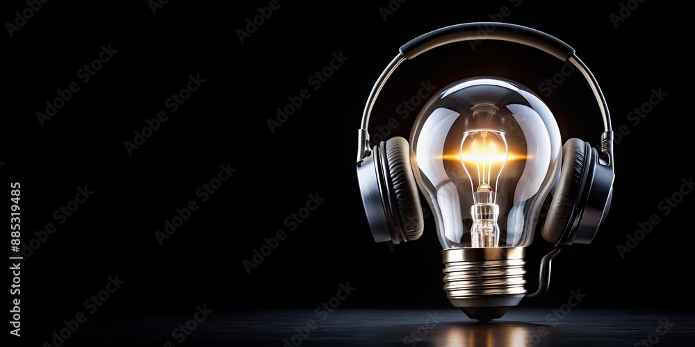 Poster Light bulb with headphones on black background, symbolizing the combination of technology and creativity , headphones, music