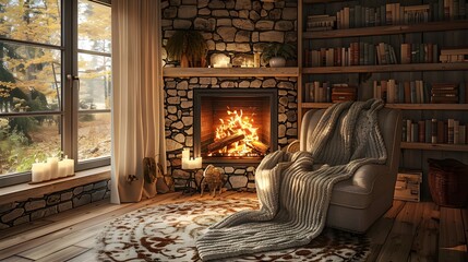 Cozy Reading Nook with Fireplace and Scenic Autumn View