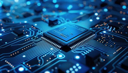 Microchip data patterns, blue digital circuits, hightech design, glowing background