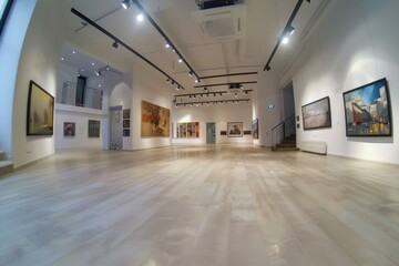 A wide modern art gallery featuring an extensive collection of paintings and sculptures, with a minimalist design allowing the artworks to take center stage in a well-lit environment.