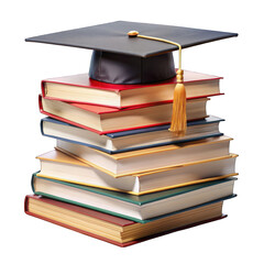 Stack of books top on graduation cap isolated on transparent background