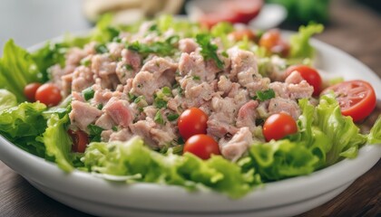 Tuna salad tomato green leaf lettuce onion healthy eating cooking appetizer meal food snack 