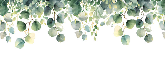 illustration of a natural watercolor background with green eucalyptus branches, in the style of floral, dark white and light aquamarine, decorative borders