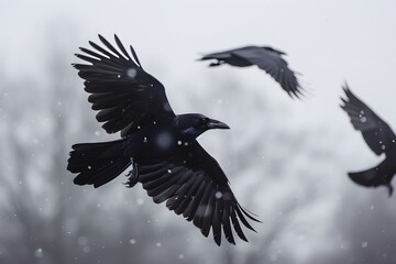 Fototapeta premium Majestic Ravens Soaring Through a Snowy Winter Sky