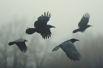 Fototapeta premium Flock of Ravens Soaring Through a Misty Sky