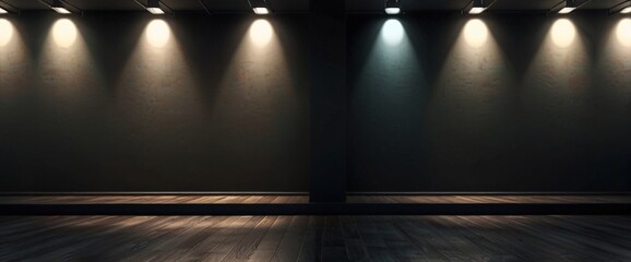 A single spotlight illuminates an empty wooden stage in a dark theater