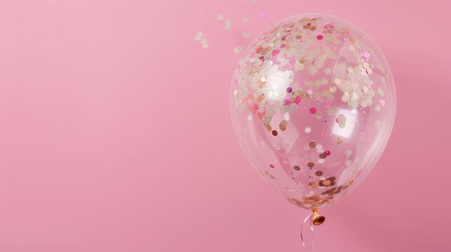 Pink and gold confetti balloon floating on a pink background - Powered by Adobe
