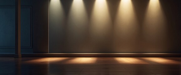 A single spotlight illuminates an empty wooden stage in a dark theater