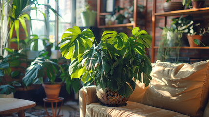 Fototapeta premium A sunlit living room adorned with lush green plants, including a prominent Monstera deliciosa, creating a serene and inviting atmosphere.