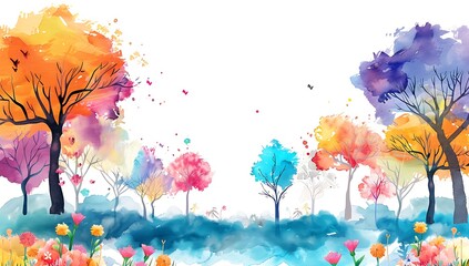 watercolor abstract background with floral trees, flowers and waves