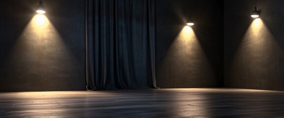 A single spotlight illuminates an empty wooden stage in a dark theater