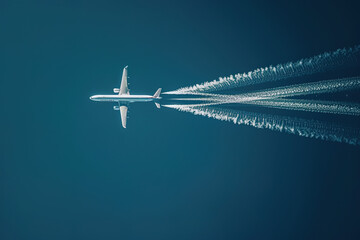 Fliegendes Flugzeug mit Kondensstreifen in der Draufsicht mit Textfreiraum