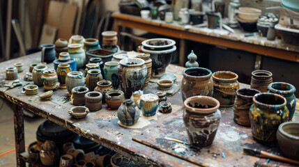 Naklejka premium A workbench covered with pottery pieces in various stages of painting and glazing