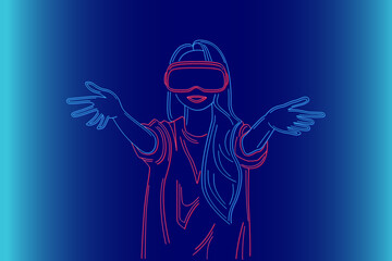 Line glowing girl with VR headset and long hair holds out hands to viewer, inviting to metaverse and virtual reality. Hologram wants to embrace person