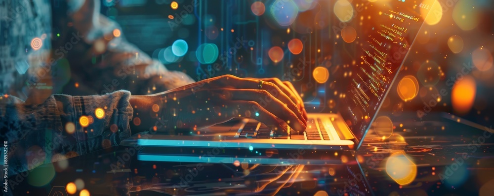 Poster using a computer hand to code a chatbot in a futuristic cyberspace decentralized finance ai program 