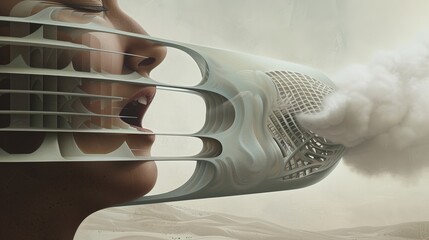 A futuristic concept of a woman speaking through a mechanical device, her voice being amplified and transformed into a cloud of sound.